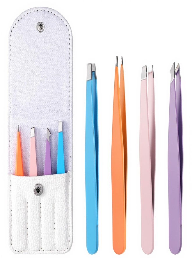 Zelphvt 4Pcs Mini Tweezers Set, Micro Tweezers Stainless Steel Precision Eyebrow Tweezer for Facial Hair Removal, Travel Size With Leather Case - Image 1